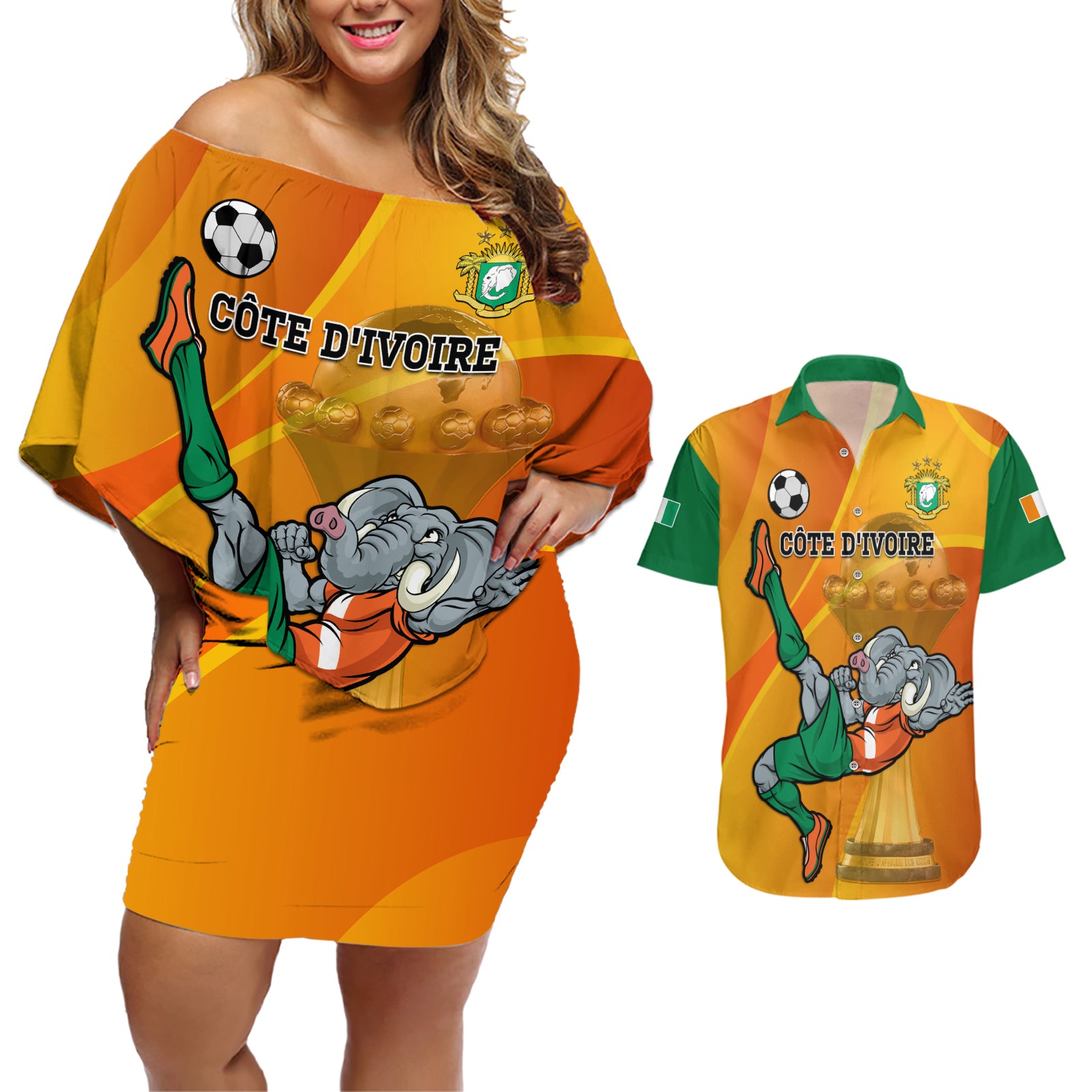 Custom Ivory Coast Football Couples Matching Off Shoulder Short Dress and Hawaiian Shirt 2024 Mascot With Champions Trophy - Wonder Print Shop