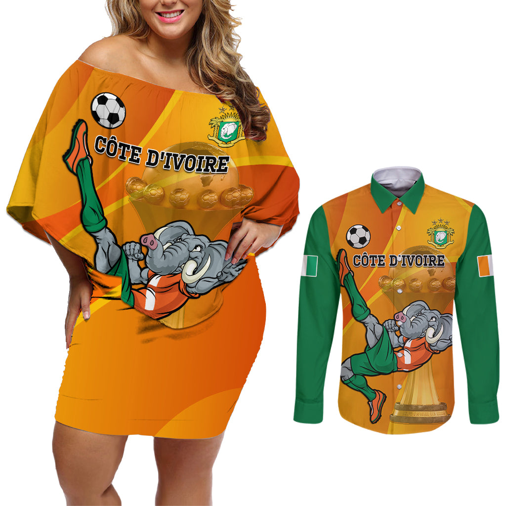 Custom Ivory Coast Football Couples Matching Off Shoulder Short Dress and Long Sleeve Button Shirt 2024 Mascot With Champions Trophy - Wonder Print Shop