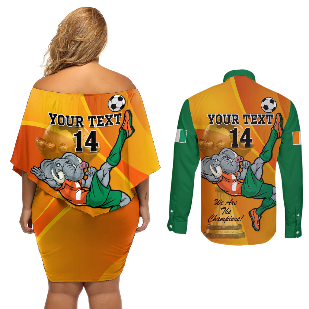 Custom Ivory Coast Football Couples Matching Off Shoulder Short Dress and Long Sleeve Button Shirt 2024 Mascot With Champions Trophy - Wonder Print Shop