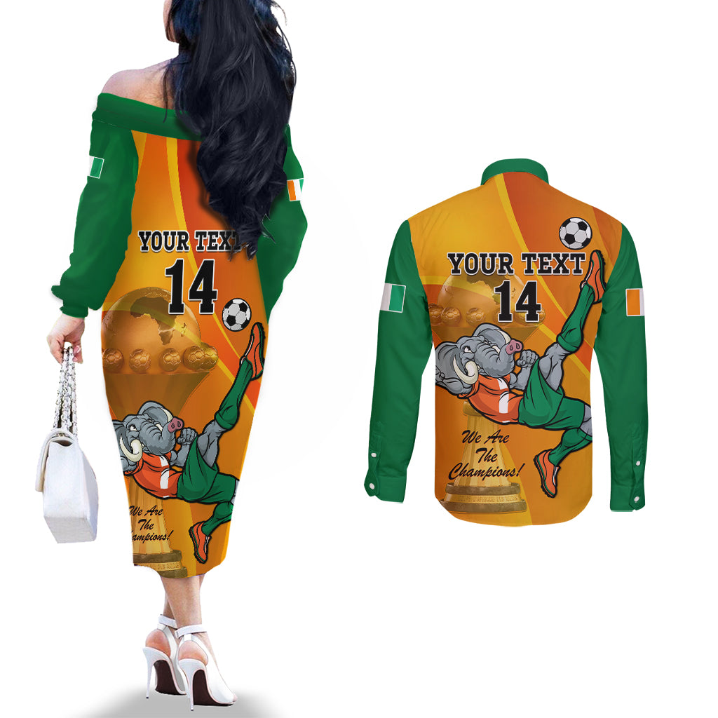 Custom Ivory Coast Football Couples Matching Off The Shoulder Long Sleeve Dress and Long Sleeve Button Shirt 2024 Mascot With Champions Trophy