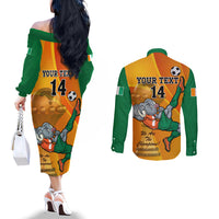 Custom Ivory Coast Football Couples Matching Off The Shoulder Long Sleeve Dress and Long Sleeve Button Shirt 2024 Mascot With Champions Trophy