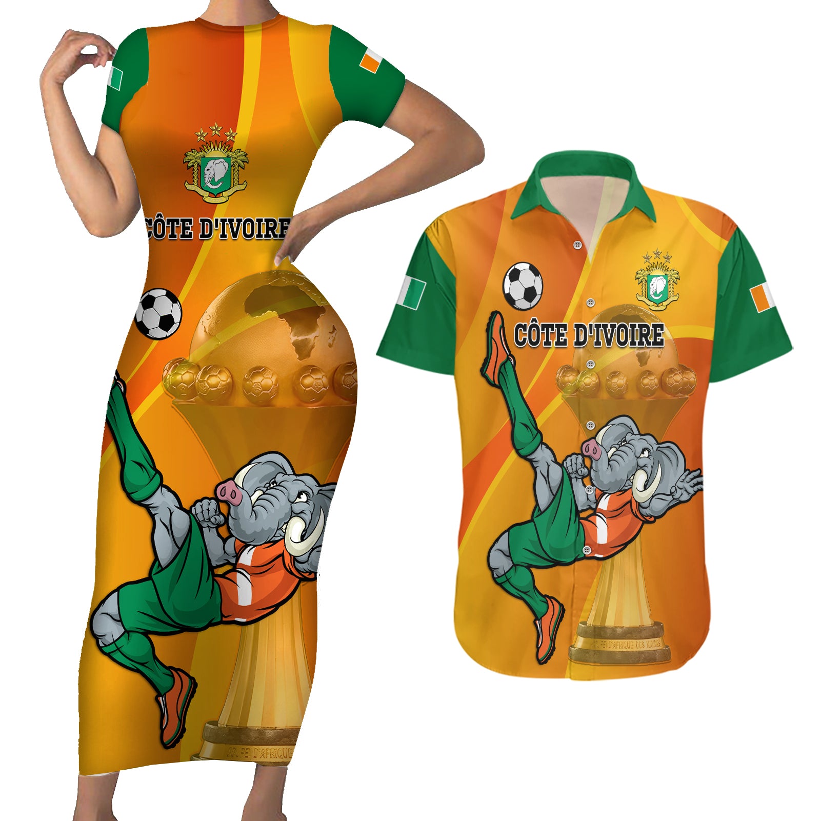 Custom Ivory Coast Football Couples Matching Short Sleeve Bodycon Dress and Hawaiian Shirt 2024 Mascot With Champions Trophy - Wonder Print Shop