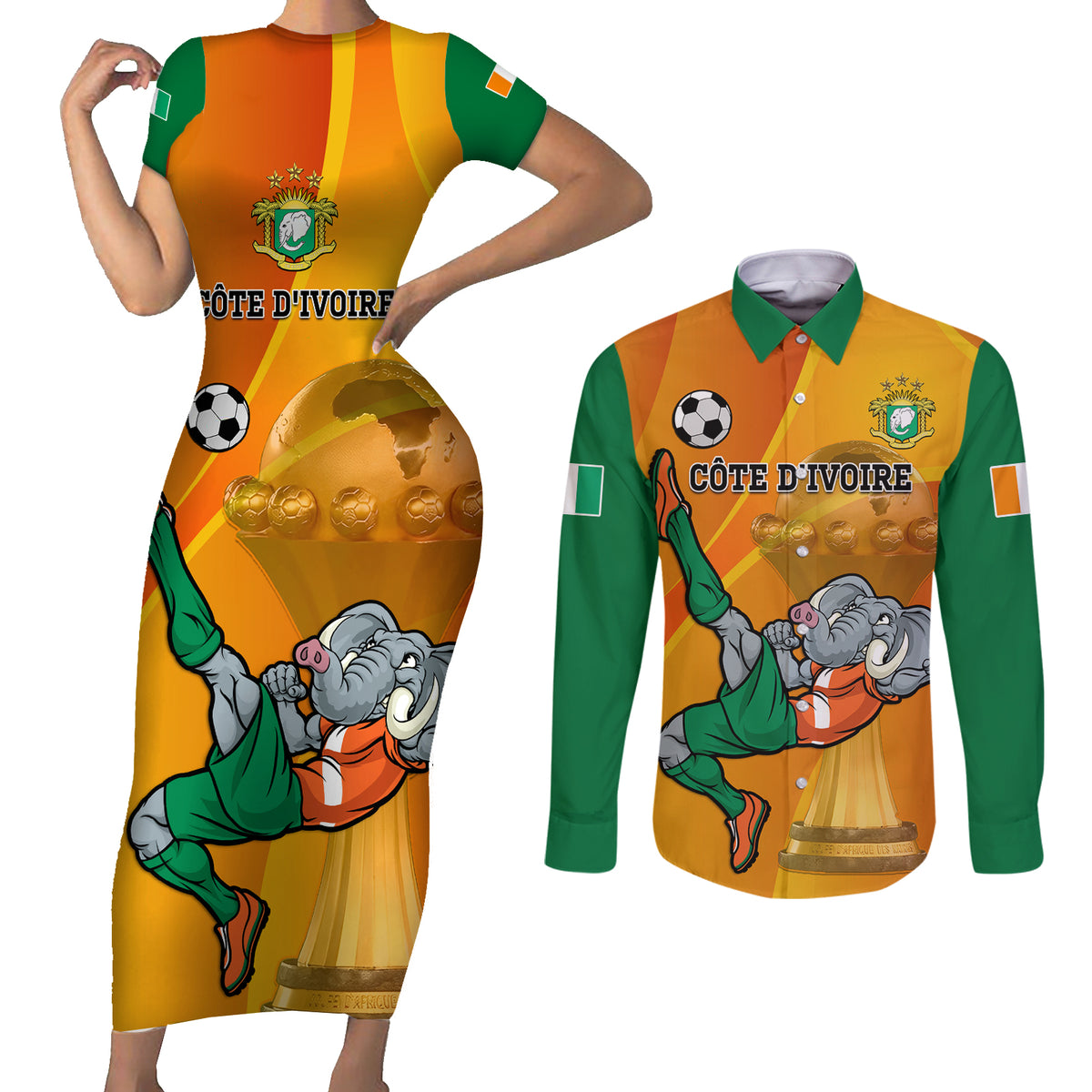 Custom Ivory Coast Football Couples Matching Short Sleeve Bodycon Dress and Long Sleeve Button Shirt 2024 Mascot With Champions Trophy - Wonder Print Shop