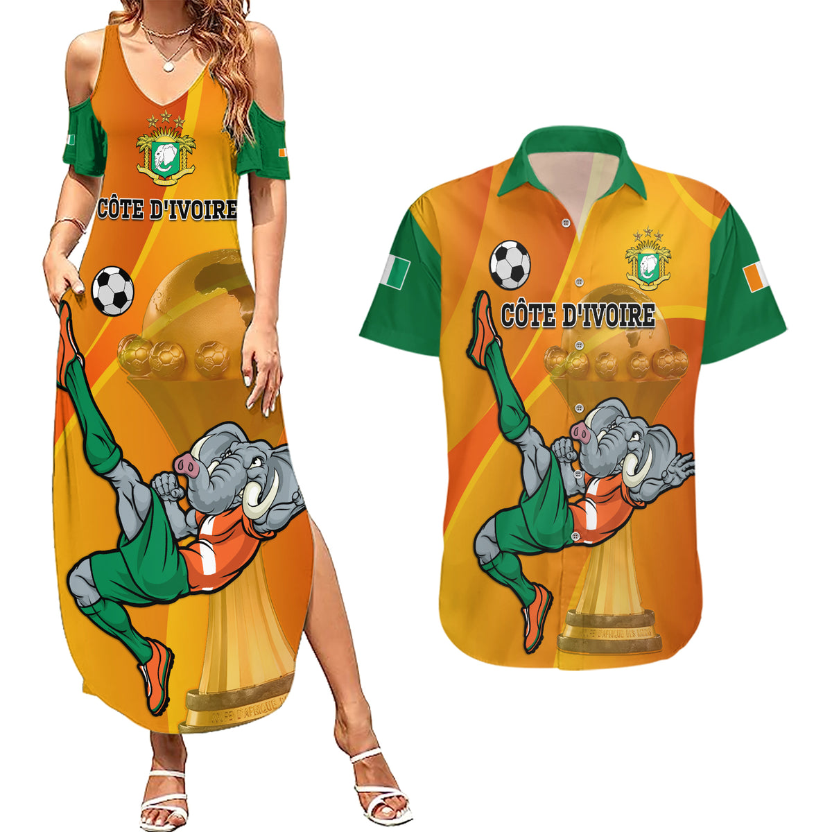 Custom Ivory Coast Football Couples Matching Summer Maxi Dress and Hawaiian Shirt 2024 Mascot With Champions Trophy - Wonder Print Shop