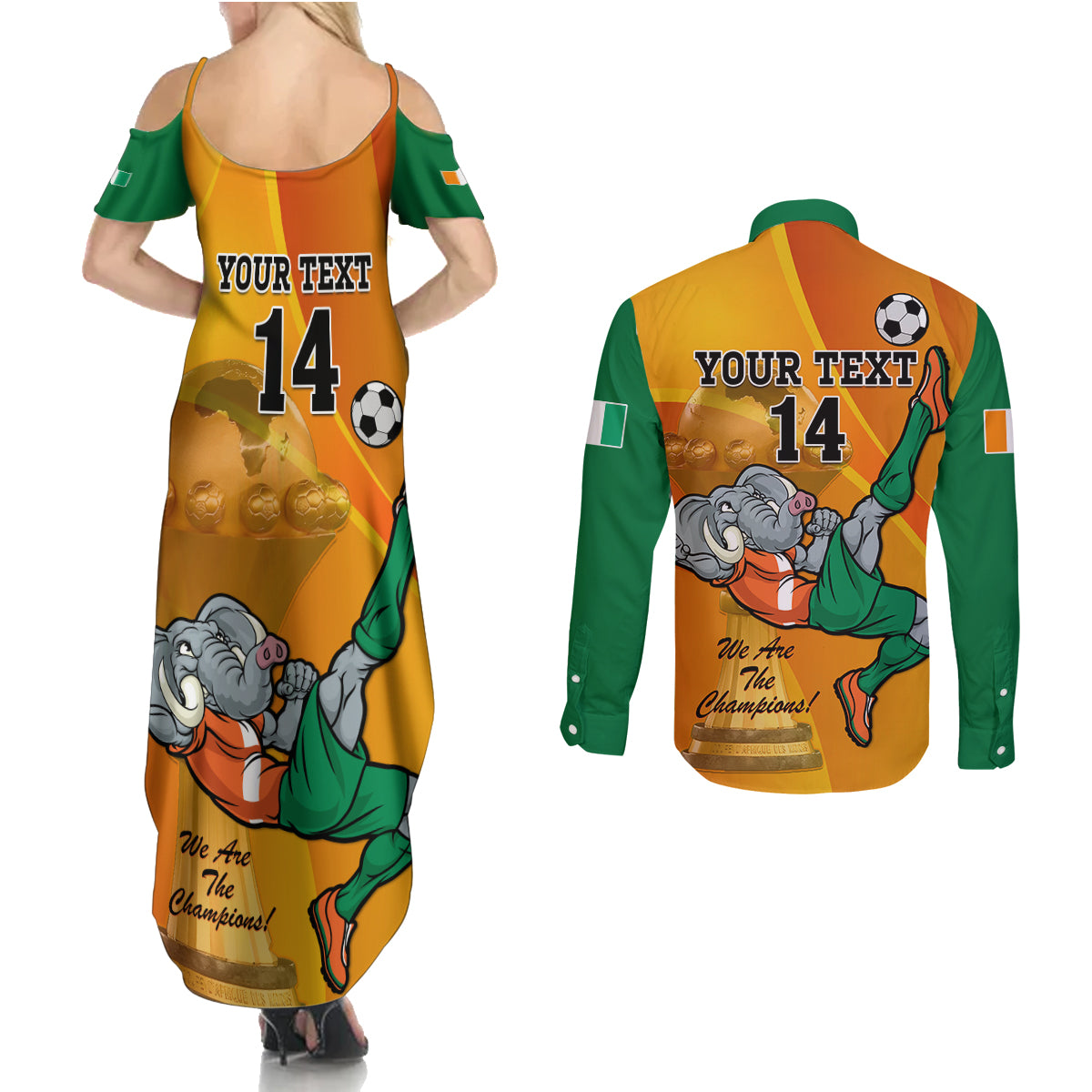 Custom Ivory Coast Football Couples Matching Summer Maxi Dress and Long Sleeve Button Shirt 2024 Mascot With Champions Trophy - Wonder Print Shop