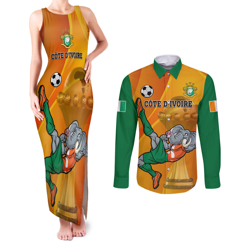 Custom Ivory Coast Football Couples Matching Tank Maxi Dress and Long Sleeve Button Shirt 2024 Mascot With Champions Trophy - Wonder Print Shop