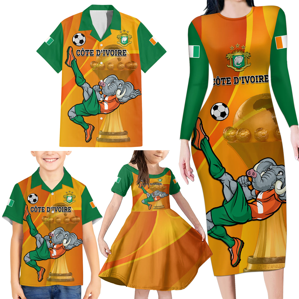 Custom Ivory Coast Football Family Matching Long Sleeve Bodycon Dress and Hawaiian Shirt 2024 Mascot With Champions Trophy - Wonder Print Shop
