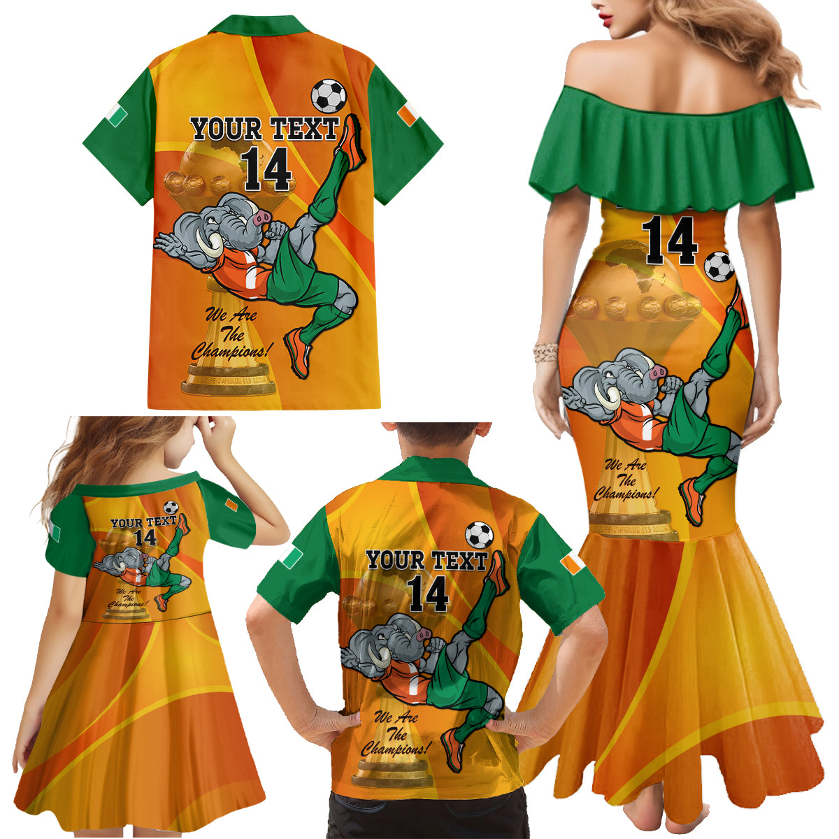 Custom Ivory Coast Football Family Matching Mermaid Dress and Hawaiian Shirt 2024 Mascot With Champions Trophy - Wonder Print Shop