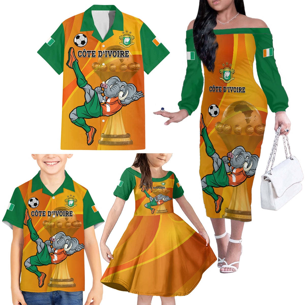 Custom Ivory Coast Football Family Matching Off Shoulder Long Sleeve Dress and Hawaiian Shirt 2024 Mascot With Champions Trophy - Wonder Print Shop
