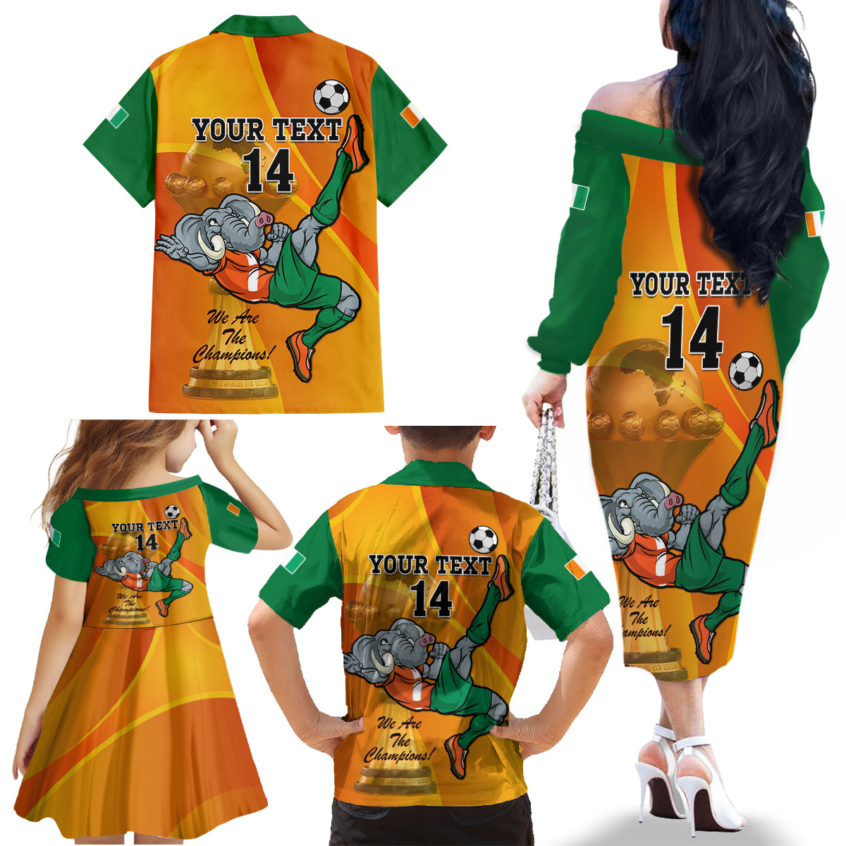 Custom Ivory Coast Football Family Matching Off Shoulder Long Sleeve Dress and Hawaiian Shirt 2024 Mascot With Champions Trophy - Wonder Print Shop
