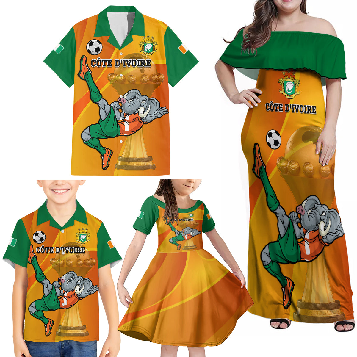 Custom Ivory Coast Football Family Matching Off Shoulder Maxi Dress and Hawaiian Shirt 2024 Mascot With Champions Trophy - Wonder Print Shop