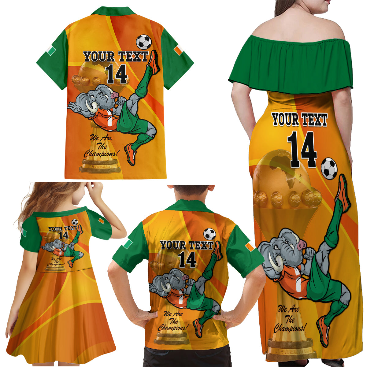 Custom Ivory Coast Football Family Matching Off Shoulder Maxi Dress and Hawaiian Shirt 2024 Mascot With Champions Trophy - Wonder Print Shop