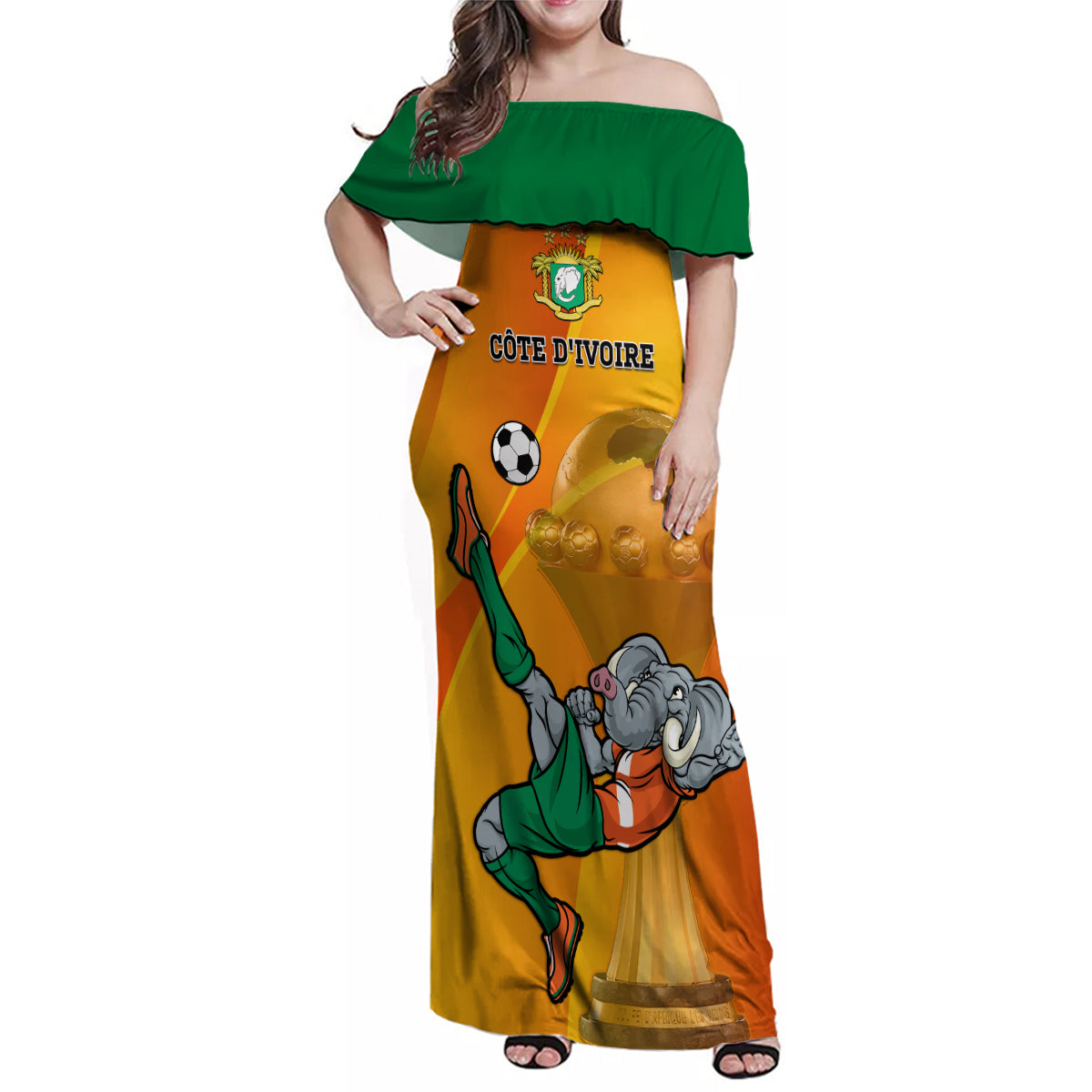Custom Ivory Coast Football Family Matching Off Shoulder Maxi Dress and Hawaiian Shirt 2024 Mascot With Champions Trophy - Wonder Print Shop