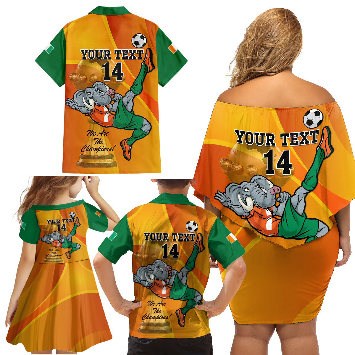Custom Ivory Coast Football Family Matching Off Shoulder Short Dress and Hawaiian Shirt 2024 Mascot With Champions Trophy - Wonder Print Shop