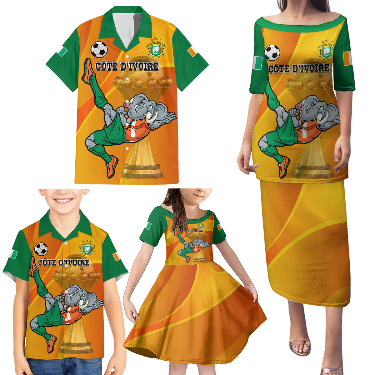 Custom Ivory Coast Football Family Matching Puletasi and Hawaiian Shirt 2024 Mascot With Champions Trophy - Wonder Print Shop