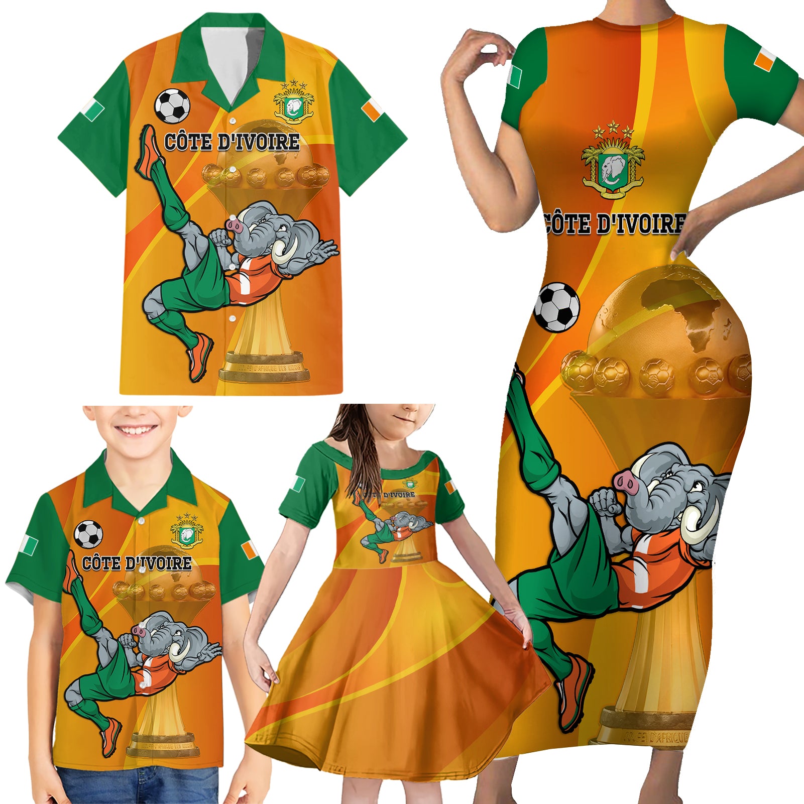 Custom Ivory Coast Football Family Matching Short Sleeve Bodycon Dress and Hawaiian Shirt 2024 Mascot With Champions Trophy - Wonder Print Shop
