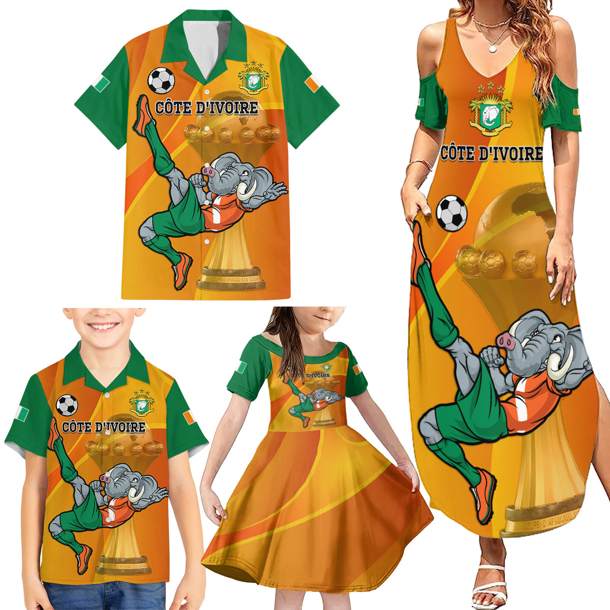 Custom Ivory Coast Football Family Matching Summer Maxi Dress and Hawaiian Shirt 2024 Mascot With Champions Trophy - Wonder Print Shop
