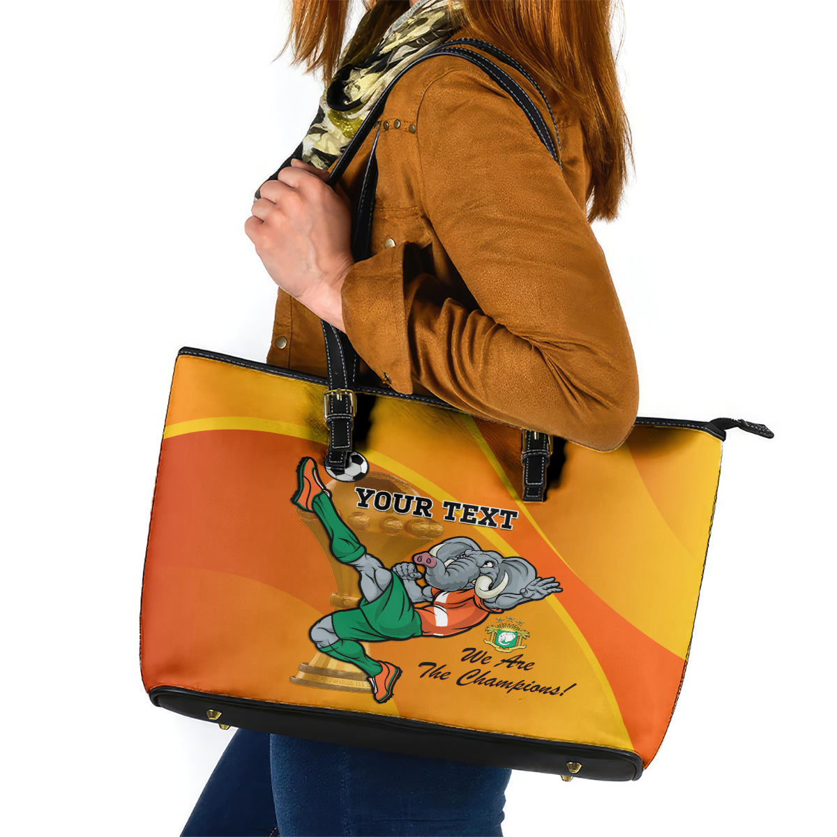 Custom Ivory Coast Football Leather Tote Bag 2024 Mascot With Champions Trophy - Wonder Print Shop