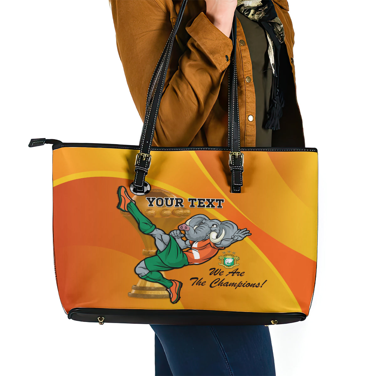 Custom Ivory Coast Football Leather Tote Bag 2024 Mascot With Champions Trophy - Wonder Print Shop