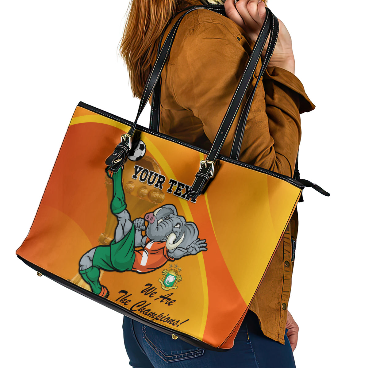 Custom Ivory Coast Football Leather Tote Bag 2024 Mascot With Champions Trophy - Wonder Print Shop