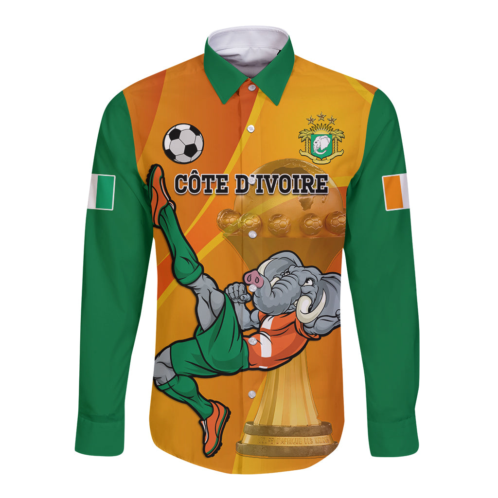Custom Ivory Coast Football Long Sleeve Button Shirt 2024 Mascot With Champions Trophy - Wonder Print Shop