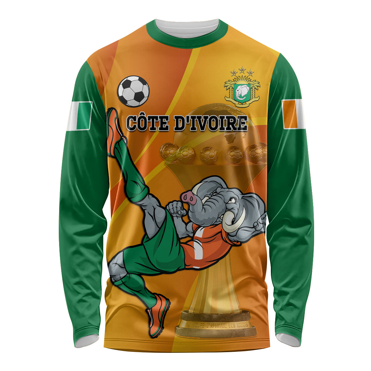 Custom Ivory Coast Football Long Sleeve Shirt 2024 Mascot With Champions Trophy - Wonder Print Shop