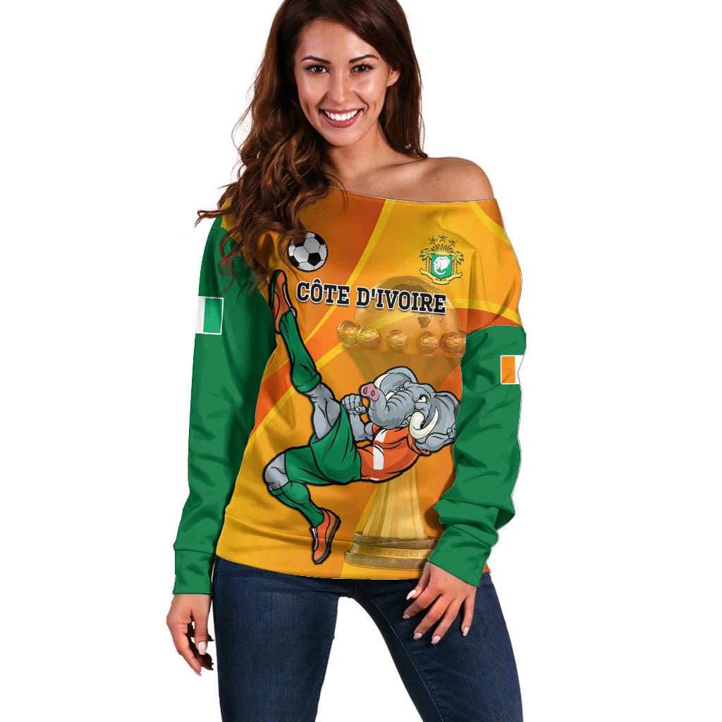 Custom Ivory Coast Football Off Shoulder Sweater 2024 Mascot With Champions Trophy - Wonder Print Shop