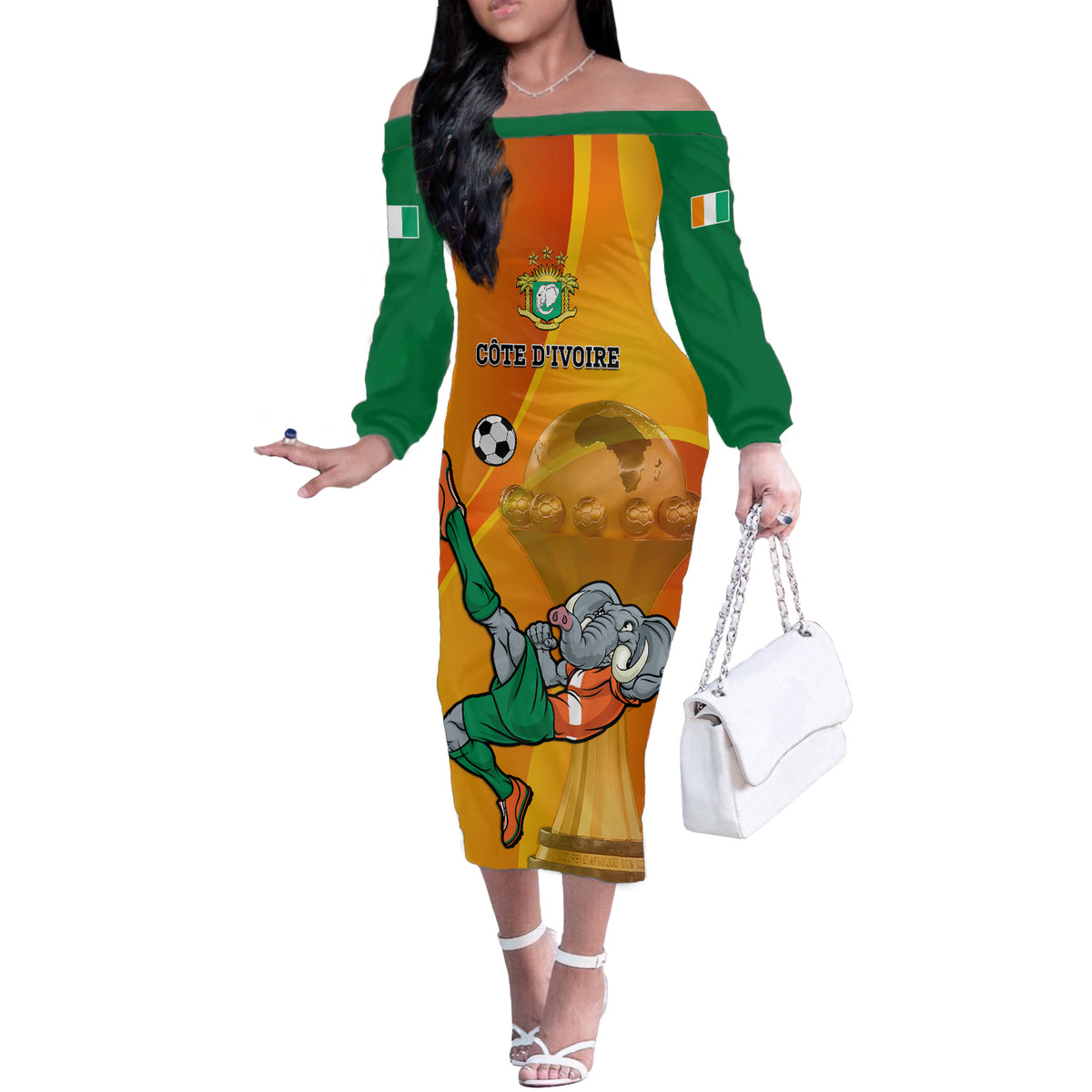 Custom Ivory Coast Football Off The Shoulder Long Sleeve Dress 2024 Mascot With Champions Trophy - Wonder Print Shop