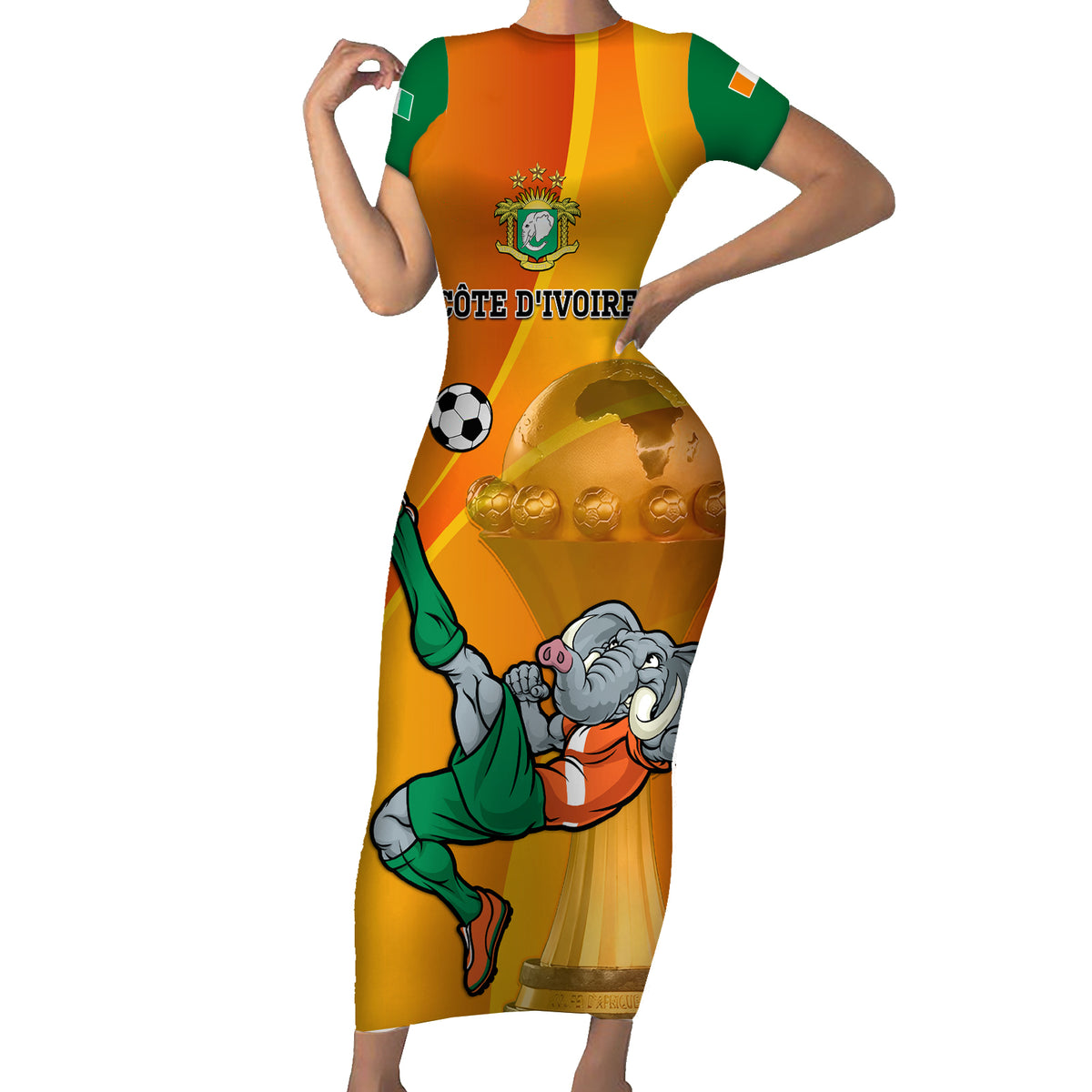 Custom Ivory Coast Football Short Sleeve Bodycon Dress 2024 Mascot With Champions Trophy - Wonder Print Shop