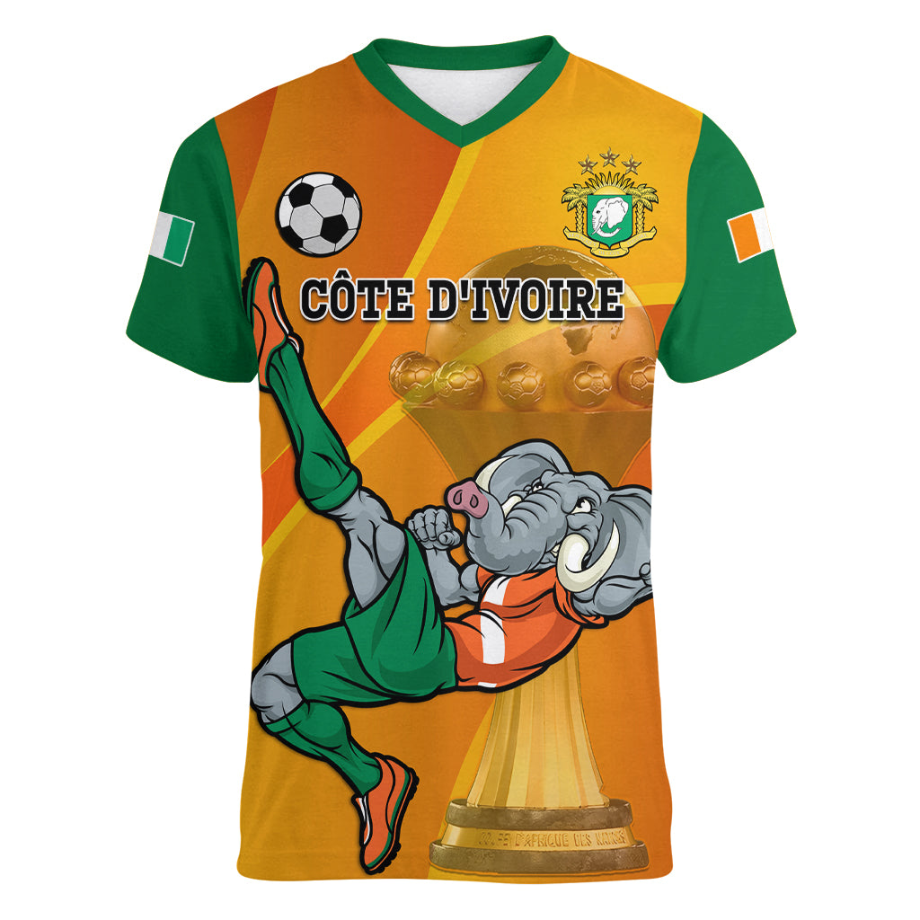 Custom Ivory Coast Football Women V Neck T Shirt 2024 Mascot With Champions Trophy - Wonder Print Shop