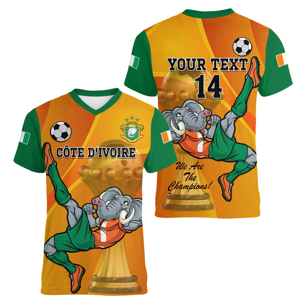 Custom Ivory Coast Football Women V Neck T Shirt 2024 Mascot With Champions Trophy - Wonder Print Shop