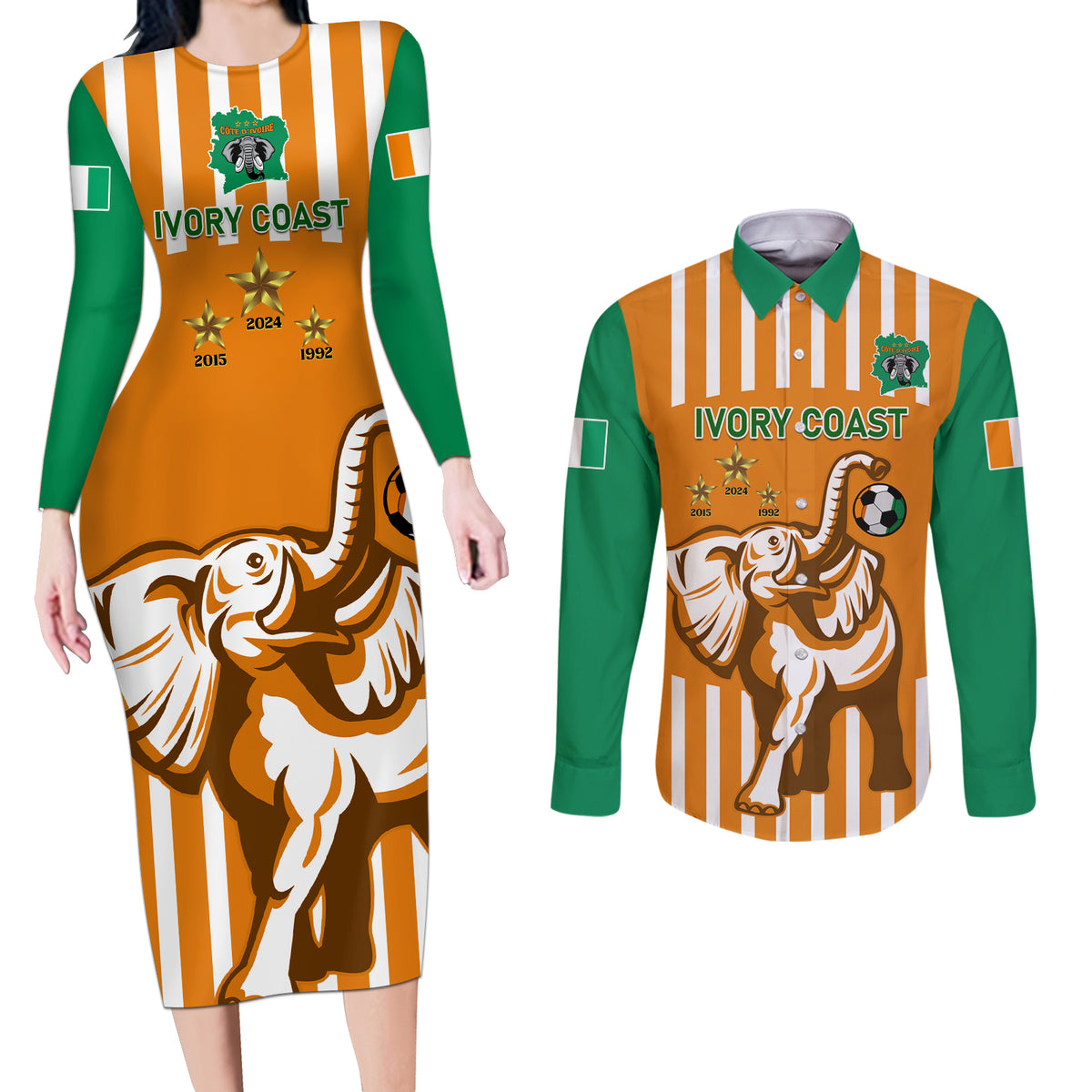 Custom Ivory Coast Football Couples Matching Long Sleeve Bodycon Dress and Long Sleeve Button Shirt Les Elephants 3rd Champions Proud - Wonder Print Shop