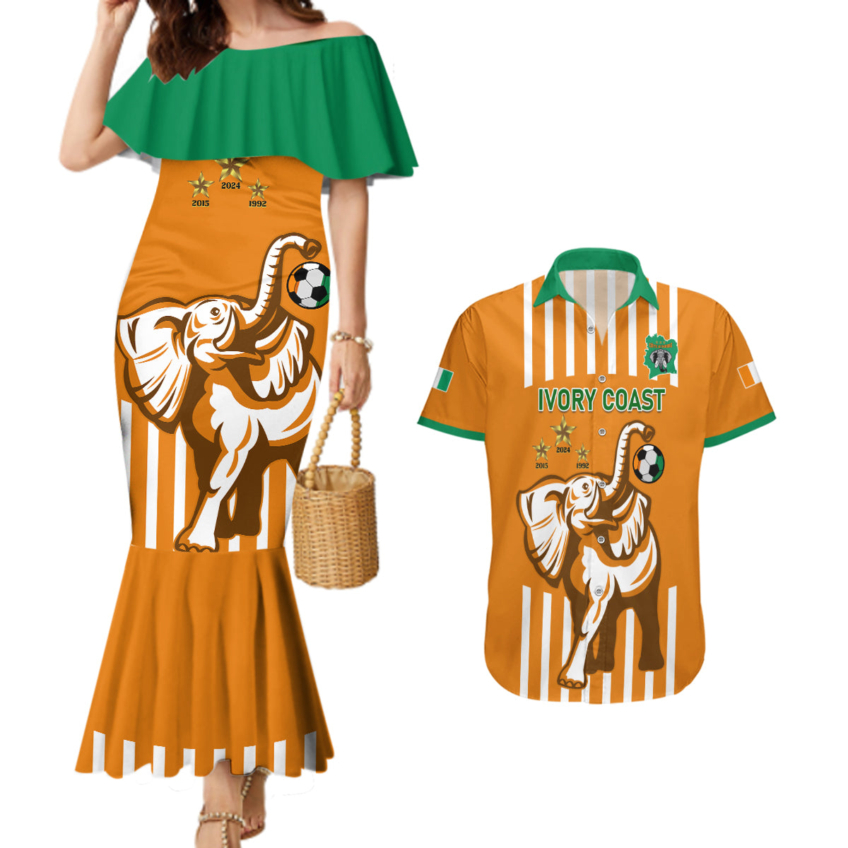 Custom Ivory Coast Football Couples Matching Mermaid Dress and Hawaiian Shirt Les Elephants 3rd Champions Proud - Wonder Print Shop