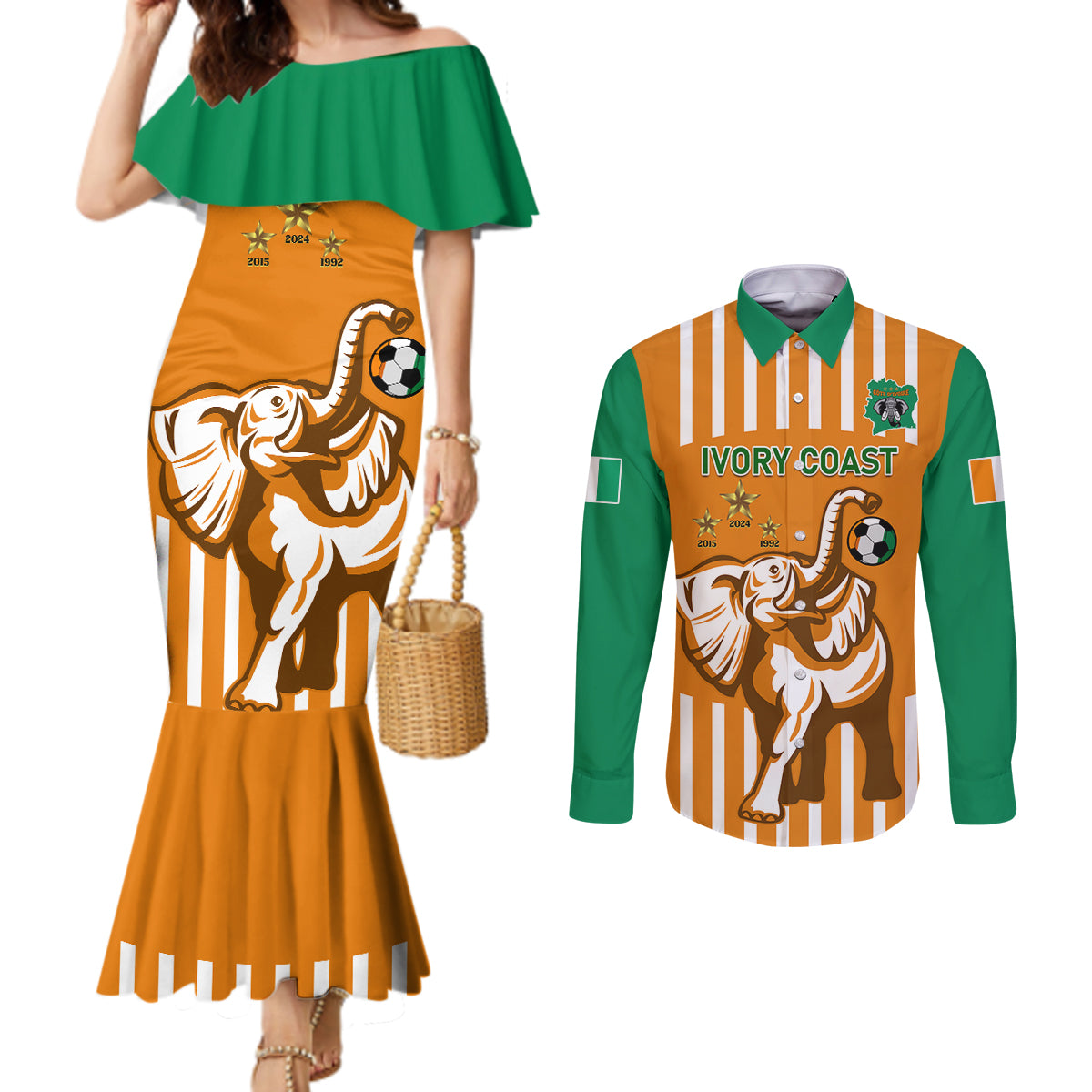 Custom Ivory Coast Football Couples Matching Mermaid Dress and Long Sleeve Button Shirt Les Elephants 3rd Champions Proud