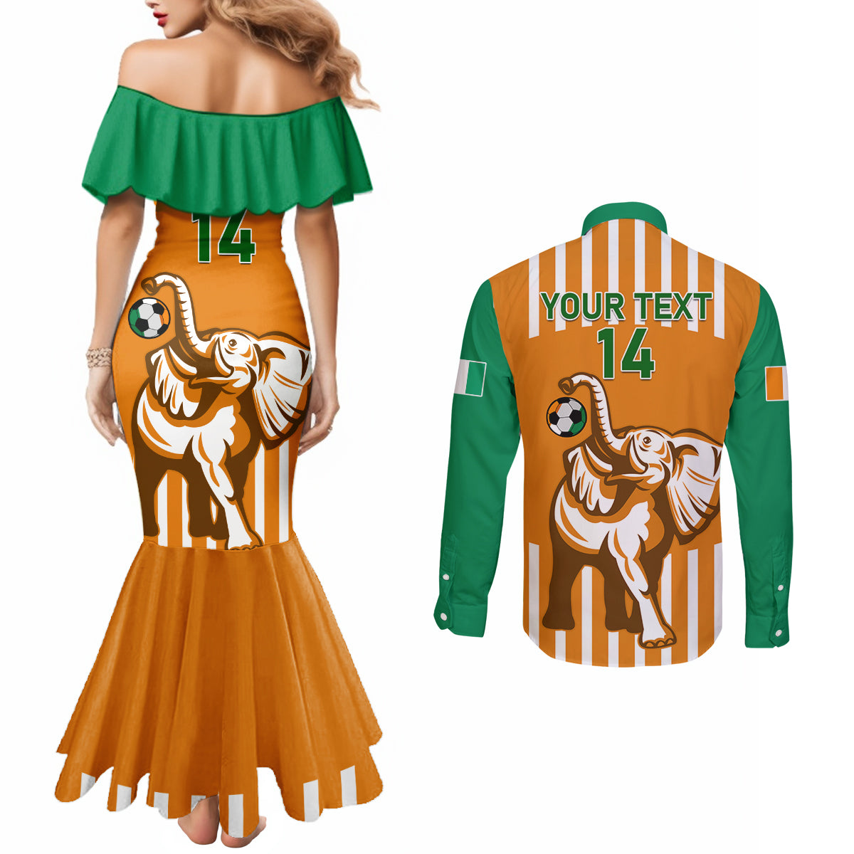 Custom Ivory Coast Football Couples Matching Mermaid Dress and Long Sleeve Button Shirt Les Elephants 3rd Champions Proud