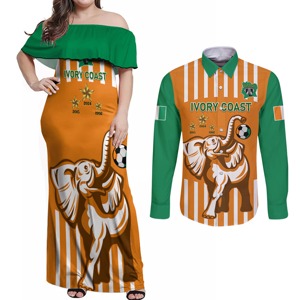 Custom Ivory Coast Football Couples Matching Off Shoulder Maxi Dress and Long Sleeve Button Shirt Les Elephants 3rd Champions Proud - Wonder Print Shop