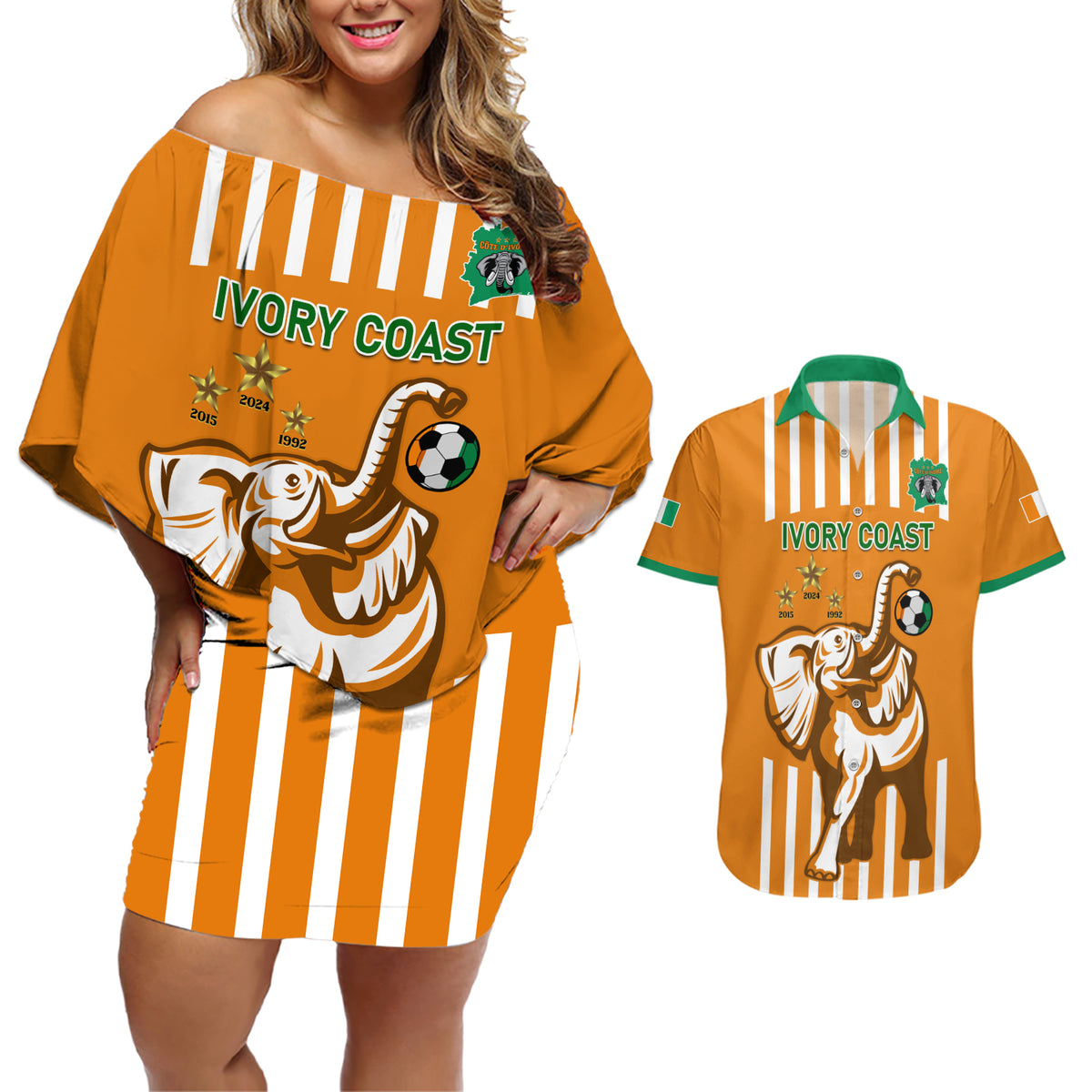 Custom Ivory Coast Football Couples Matching Off Shoulder Short Dress and Hawaiian Shirt Les Elephants 3rd Champions Proud - Wonder Print Shop