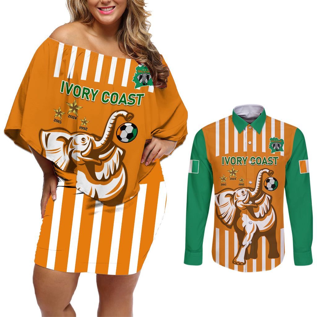 Custom Ivory Coast Football Couples Matching Off Shoulder Short Dress and Long Sleeve Button Shirt Les Elephants 3rd Champions Proud - Wonder Print Shop