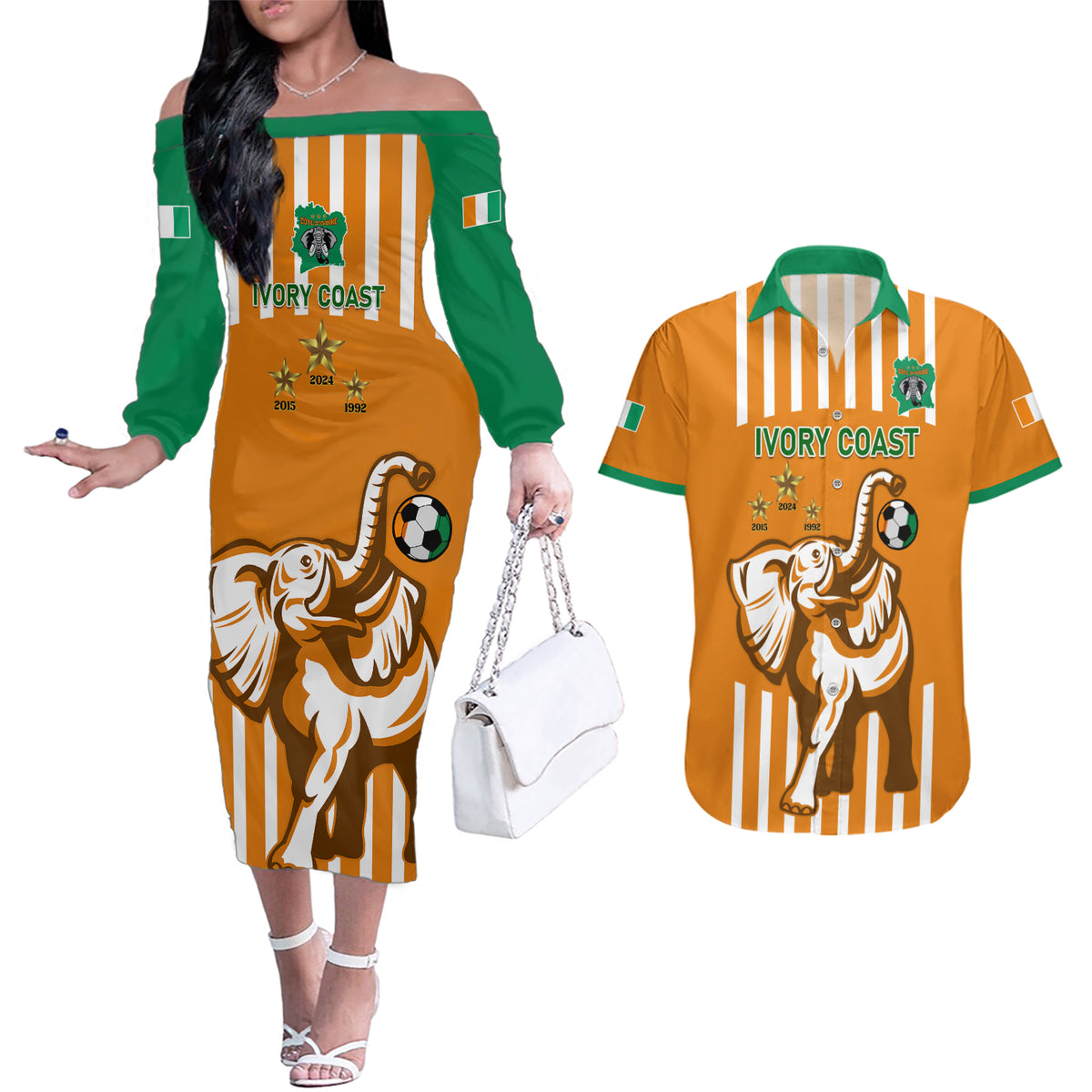 Custom Ivory Coast Football Couples Matching Off The Shoulder Long Sleeve Dress and Hawaiian Shirt Les Elephants 3rd Champions Proud - Wonder Print Shop
