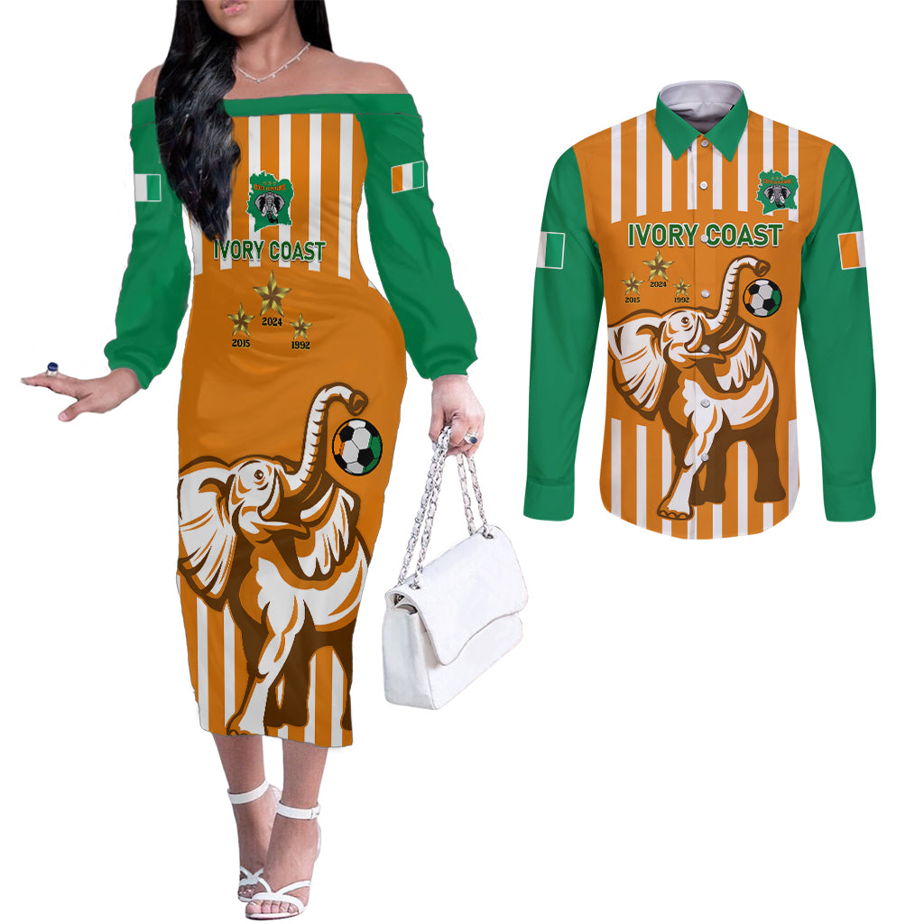 Custom Ivory Coast Football Couples Matching Off The Shoulder Long Sleeve Dress and Long Sleeve Button Shirt Les Elephants 3rd Champions Proud