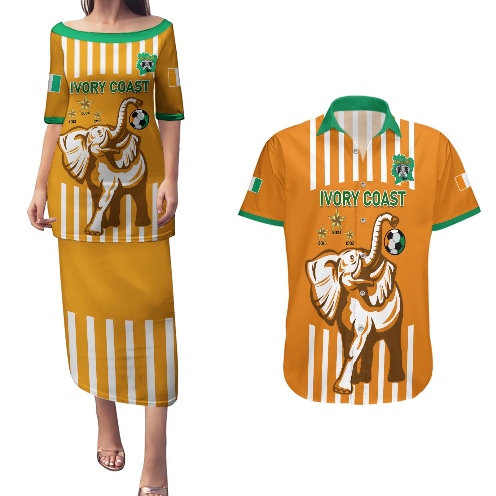 Custom Ivory Coast Football Couples Matching Puletasi and Hawaiian Shirt Les Elephants 3rd Champions Proud - Wonder Print Shop