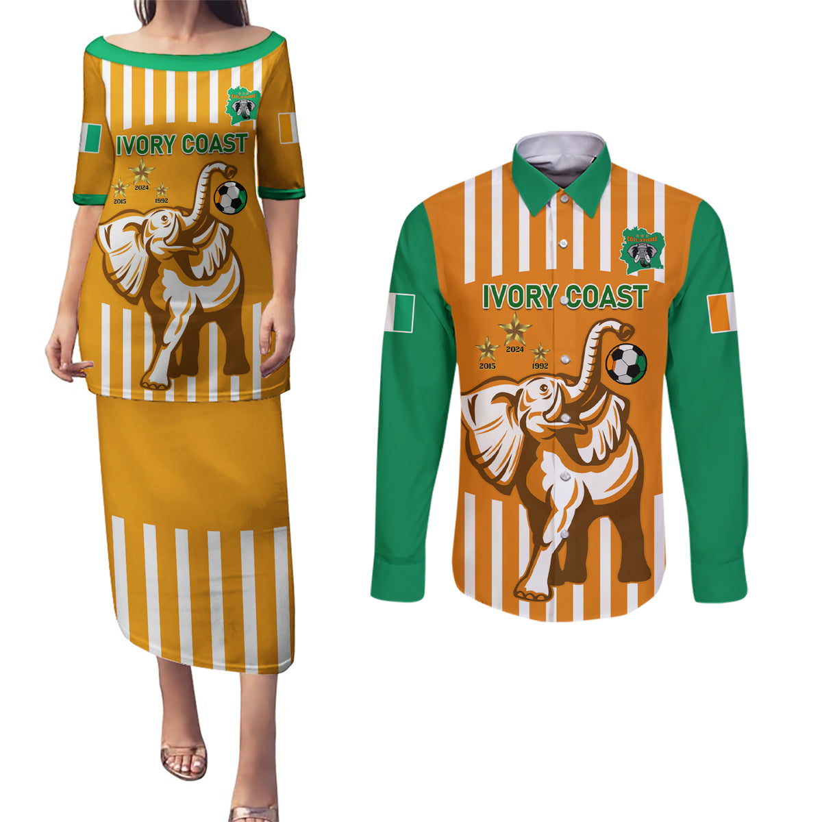 Custom Ivory Coast Football Couples Matching Puletasi and Long Sleeve Button Shirt Les Elephants 3rd Champions Proud - Wonder Print Shop