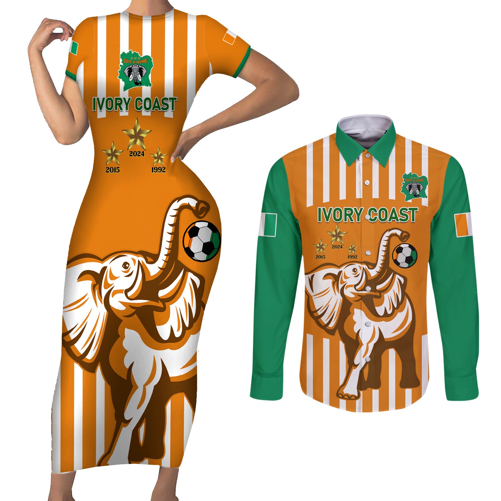 Custom Ivory Coast Football Couples Matching Short Sleeve Bodycon Dress and Long Sleeve Button Shirt Les Elephants 3rd Champions Proud - Wonder Print Shop