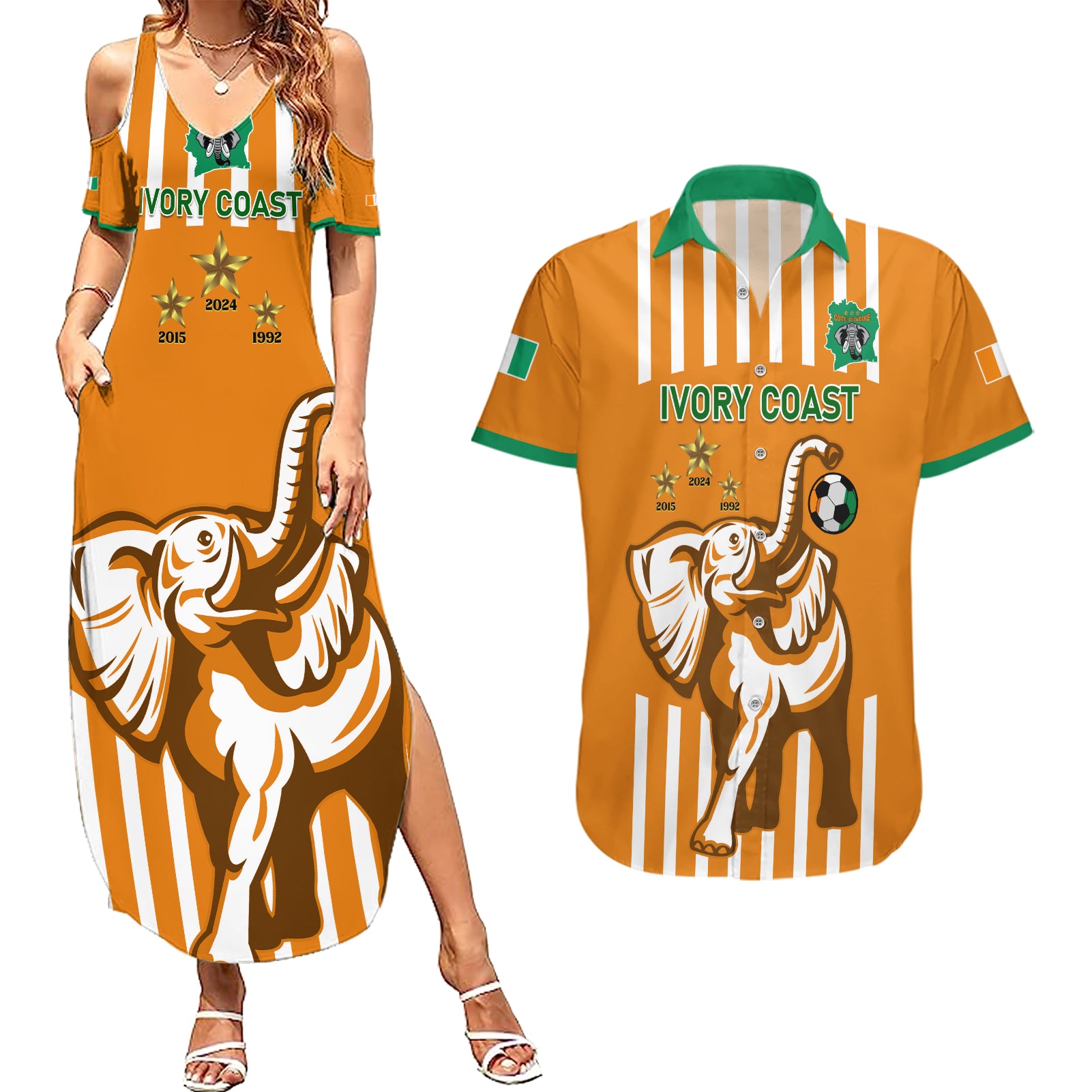 Custom Ivory Coast Football Couples Matching Summer Maxi Dress and Hawaiian Shirt Les Elephants 3rd Champions Proud - Wonder Print Shop