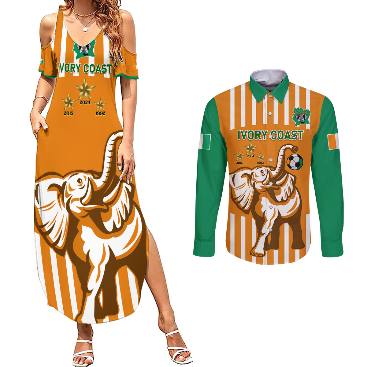 Custom Ivory Coast Football Couples Matching Summer Maxi Dress and Long Sleeve Button Shirt Les Elephants 3rd Champions Proud - Wonder Print Shop