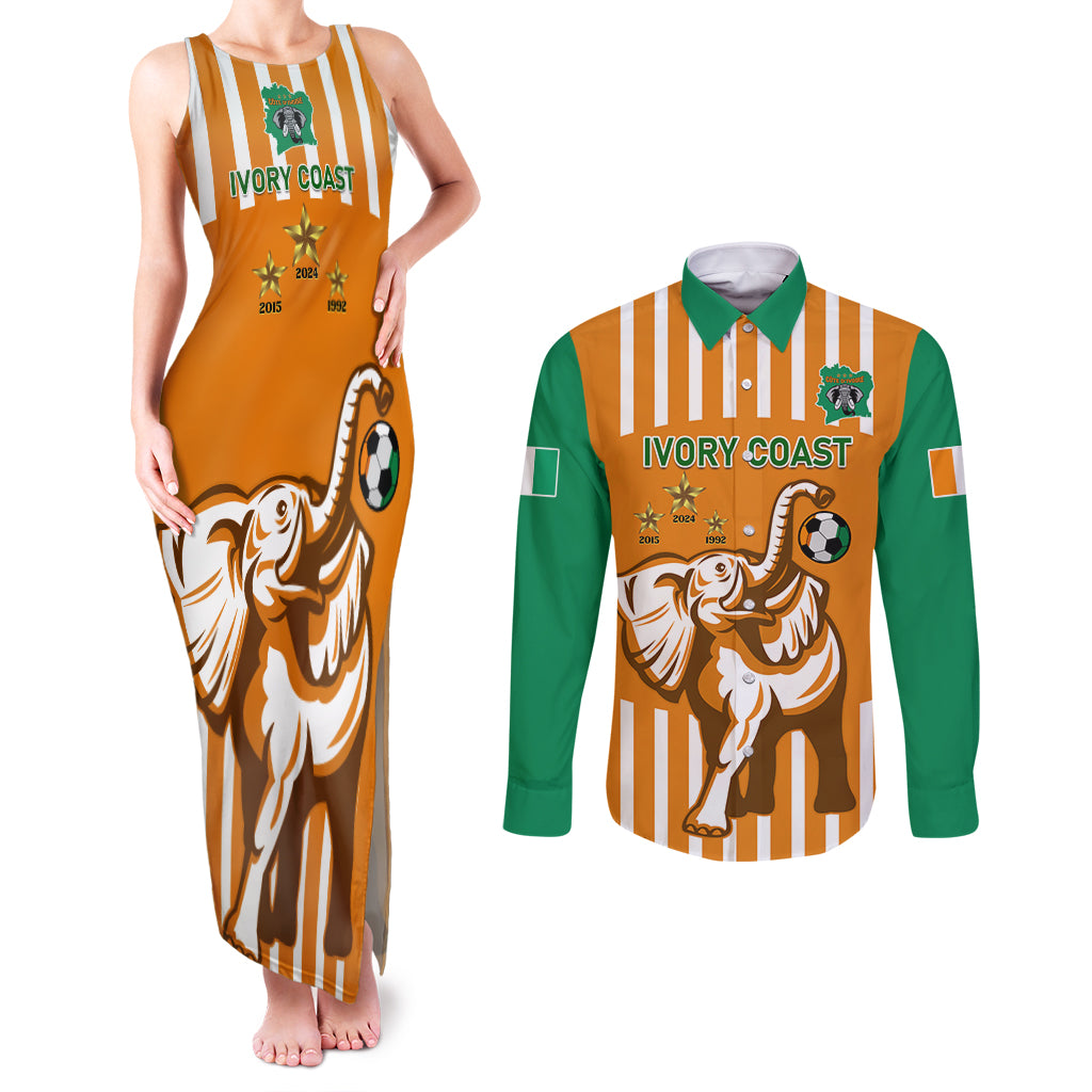 Custom Ivory Coast Football Couples Matching Tank Maxi Dress and Long Sleeve Button Shirt Les Elephants 3rd Champions Proud - Wonder Print Shop