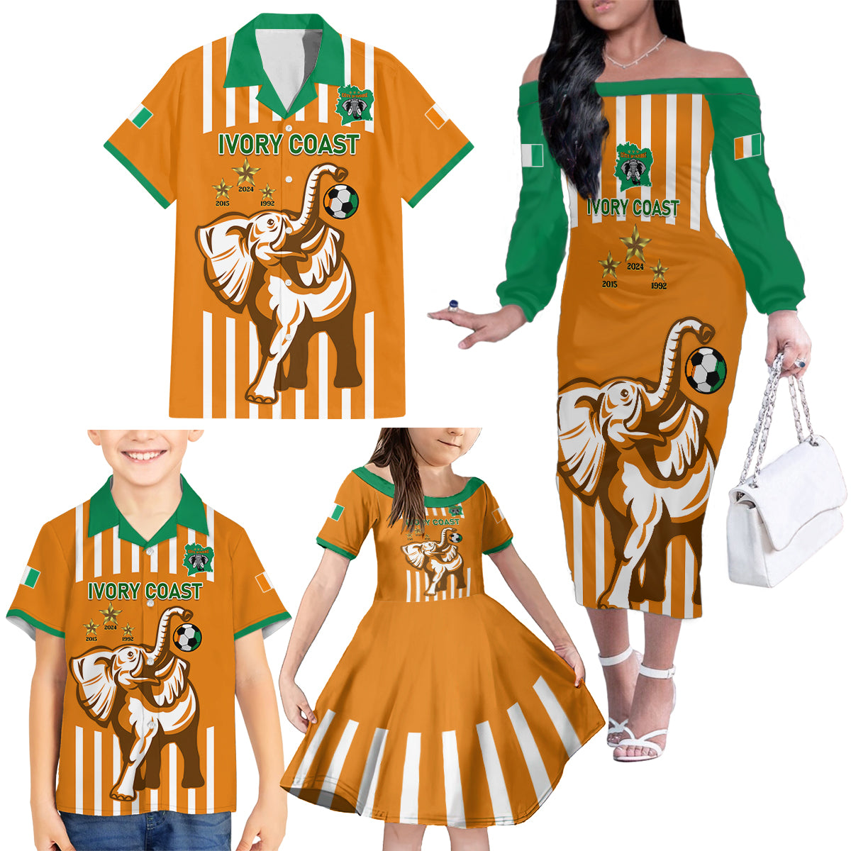 Custom Ivory Coast Football Family Matching Off Shoulder Long Sleeve Dress and Hawaiian Shirt Les Elephants 3rd Champions Proud - Wonder Print Shop