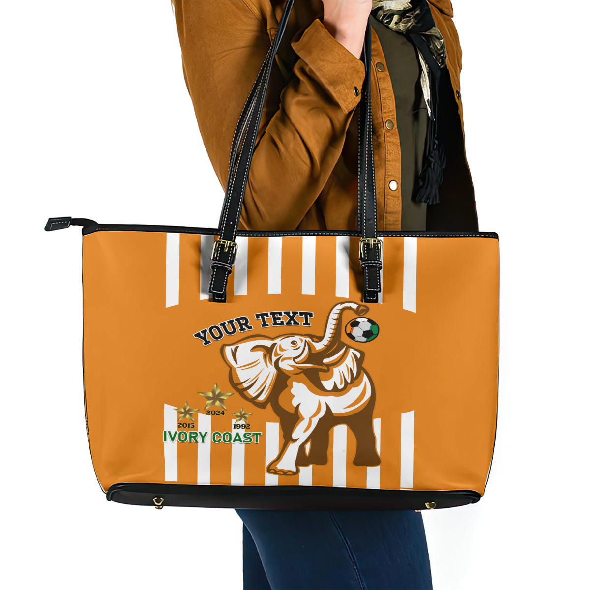 Custom Ivory Coast Football Leather Tote Bag Les Elephants 3rd Champions Proud - Wonder Print Shop