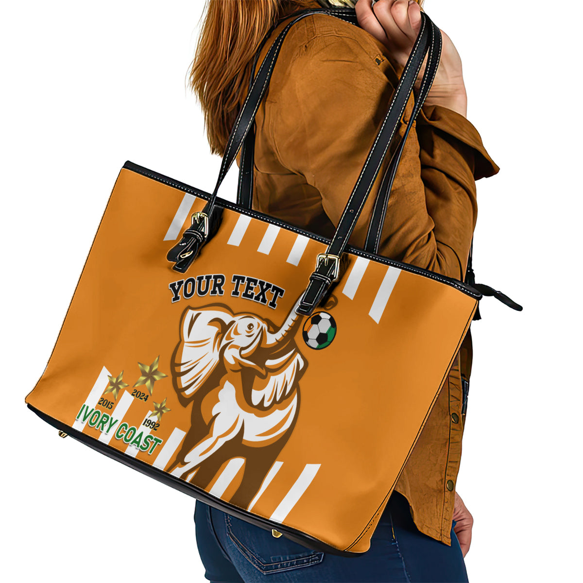 Custom Ivory Coast Football Leather Tote Bag Les Elephants 3rd Champions Proud - Wonder Print Shop