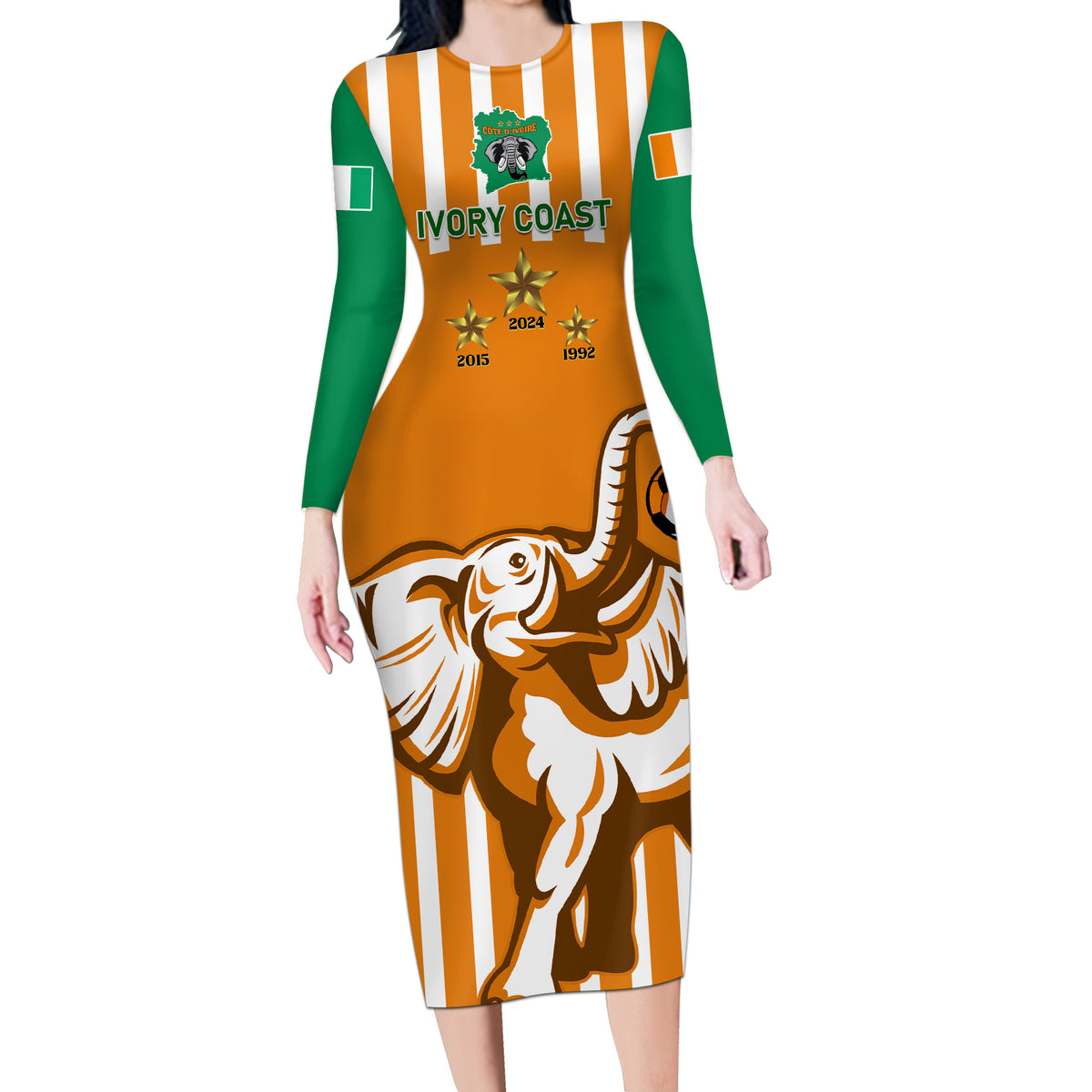 Custom Ivory Coast Football Long Sleeve Bodycon Dress Les Elephants 3rd Champions Proud - Wonder Print Shop